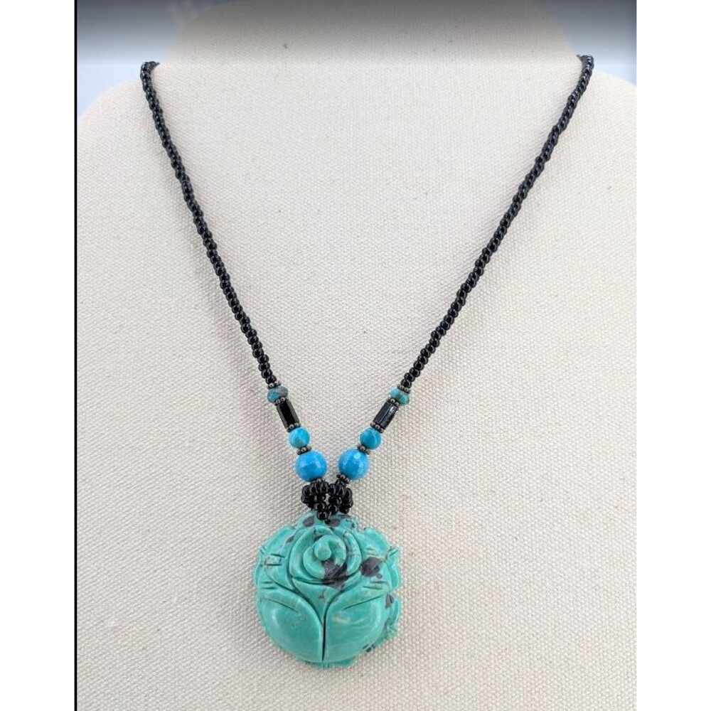 Turquoise Matrix Carved Floral Pendant Necklace Black Beads 925 Clasp 17in 23g